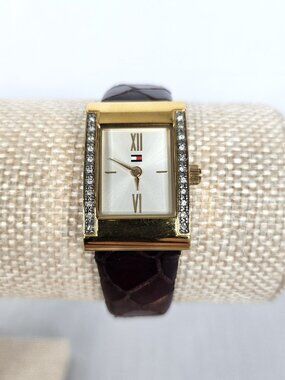 Tommy Hilfiger Tank Watch | Gold Tone Crystal Bezel | Leather Band